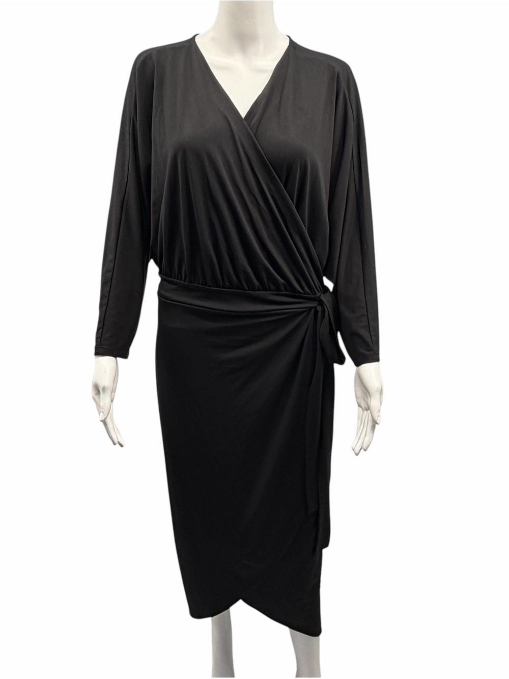 Eloquii Black Wrap-Front Long Sleeve Midi Dress